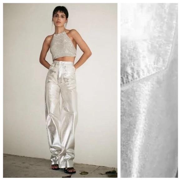 Zara Denim - NWT. Zara Silver Relaxed Fit Straight Leg Mid Rise Boyfriend Jeans. Size 0.